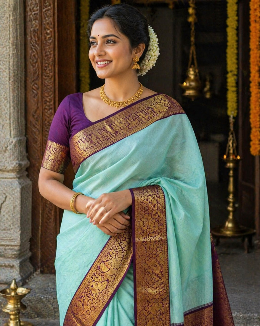 Kanchipuram Pure Handloom Korvai Silk Saree - Soft Pista Green